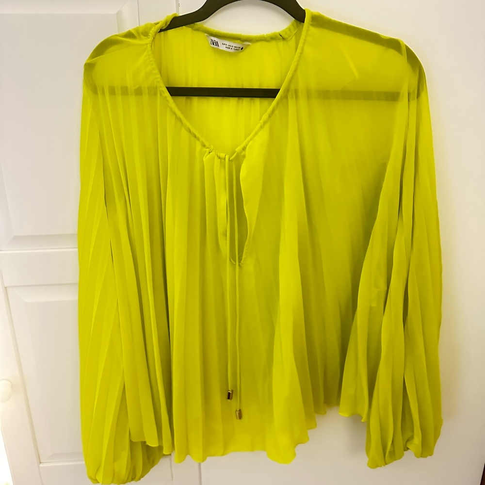 Sexy sheer chartreuse lime green loose, fitting, pleated blouse